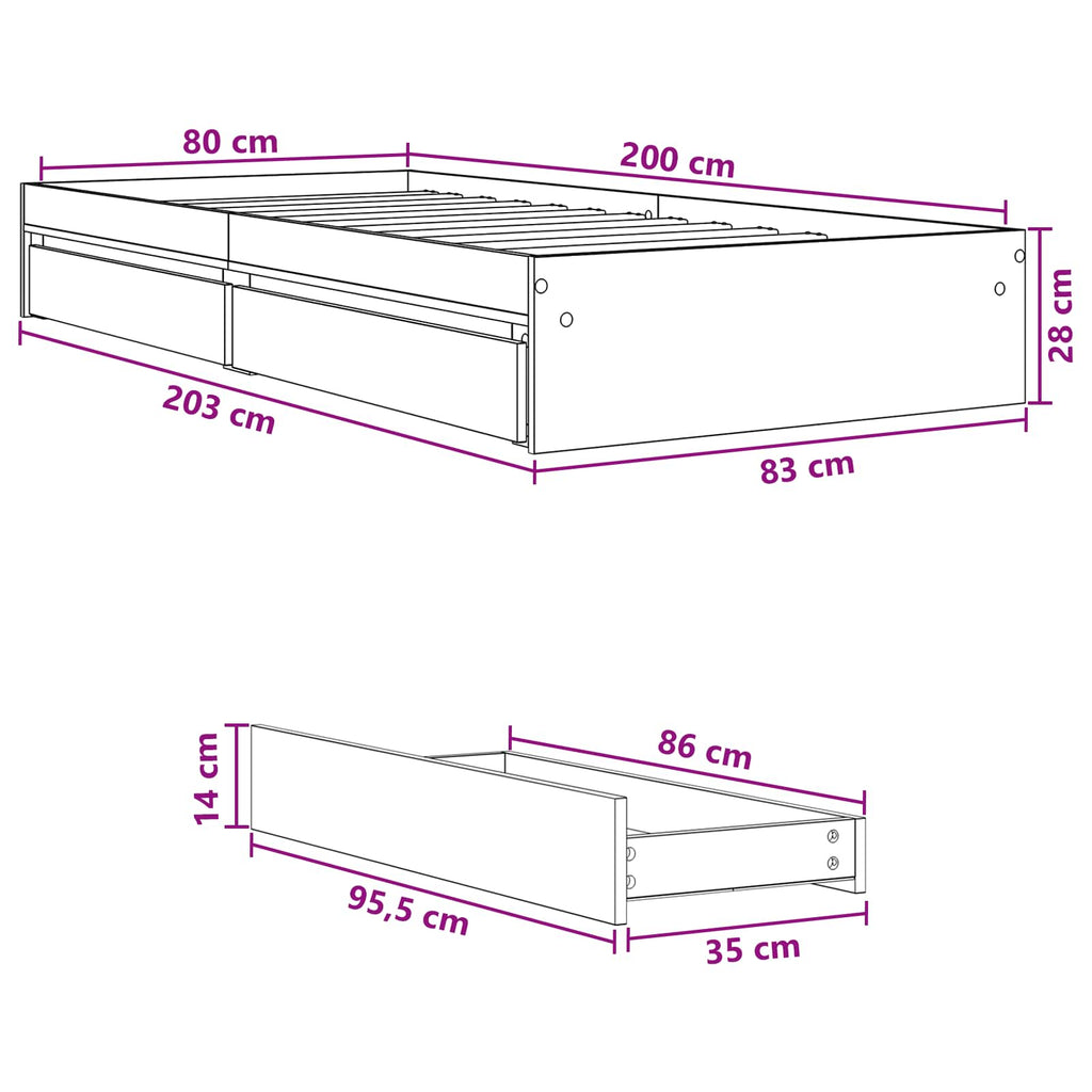Lovos rėmas su saugojimu su stalčių Juodojo ąžuolo 80 x 200 cm