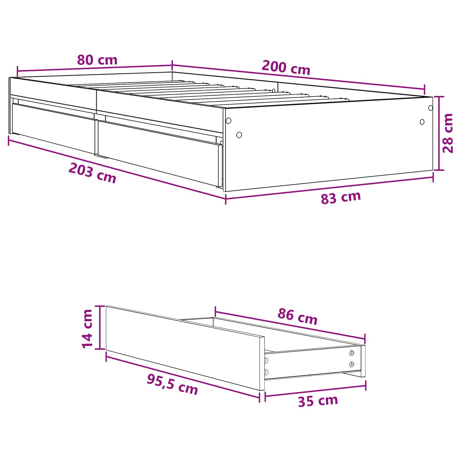 Lovos rėmas su saugojimu su stalčių Artisano ąžuolo 80 x 200 cm