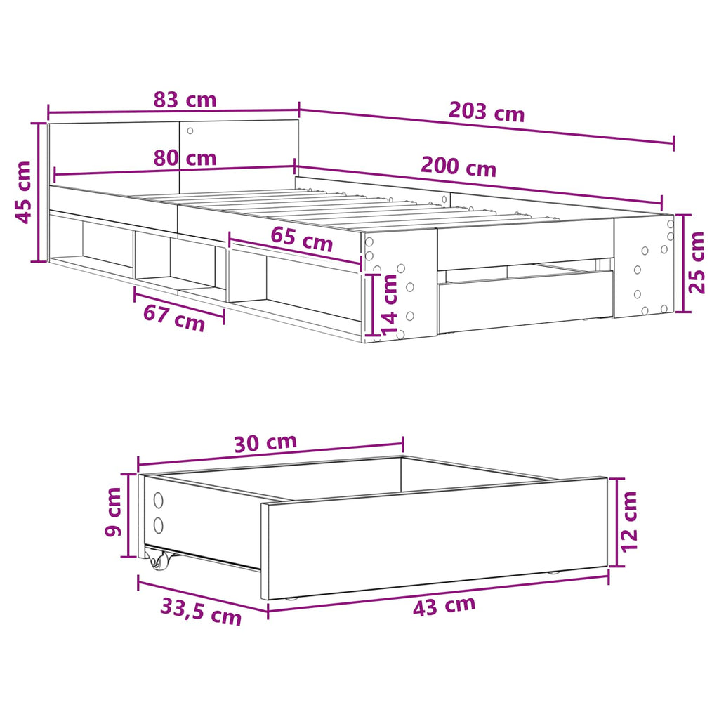 Lovos rėmas su saugojimu su stalčių Sonoma ąžuolas 80 x 200 cm