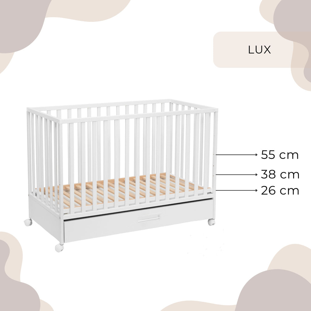 Kūdikio lovelė 120x60 „Lux“, su stalčiumi, su sofos funkcija, su ratukais, balta