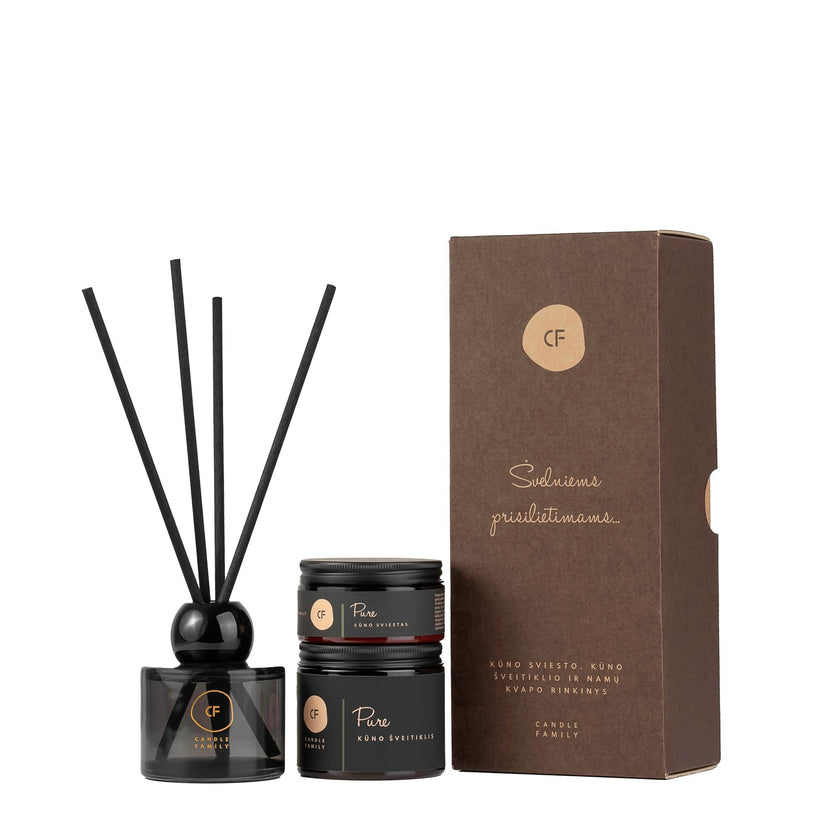 kūno šveitiklis "PURE" 200 ml. (vanilė, gintaras, bergamotė) ir namų kvapas "RAFFINÉ" 120 ml. (ąžuolas, lauko uogos, beržas)