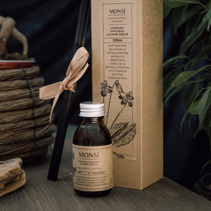 100ml. namų kvapas su lazdelėmis Juodasis gintaras ir laukinė žibutė, MONSÍ