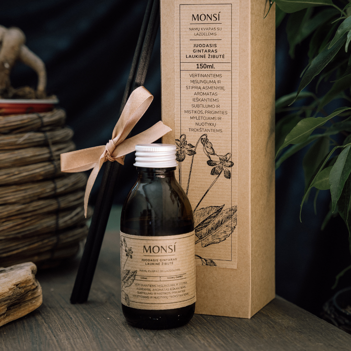 100ml. namų kvapas su lazdelėmis Juodasis gintaras ir laukinė žibutė, MONSÍ