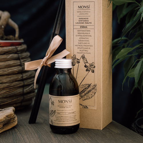 100ml. namų kvapas su lazdelėmis Juodasis gintaras ir laukinė žibutė, MONSÍ