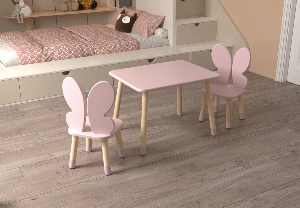 Stačiakampis stalas ir kėdutės su drugelio formos atkalte vaikams